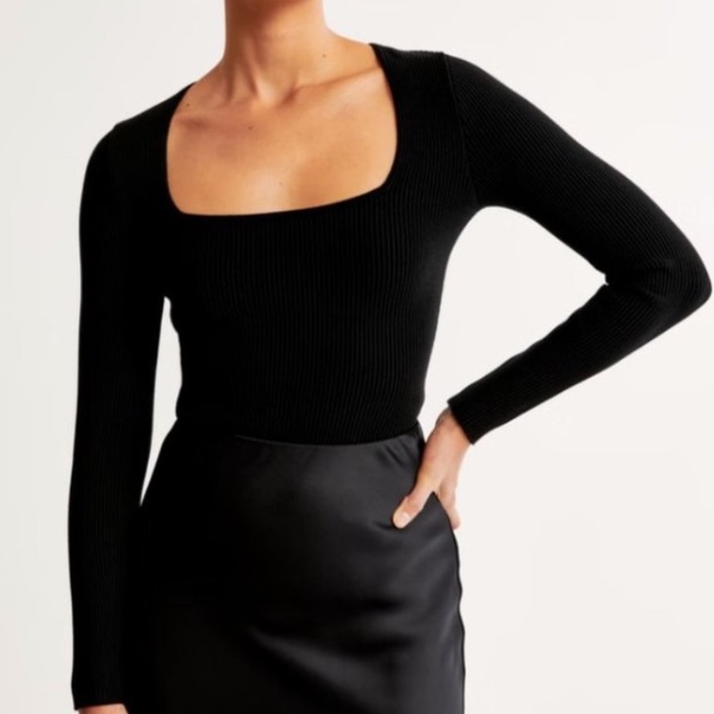 Abercrombie & Fitch Black Ribbed Long Sleeve Square Neck Bodysuit